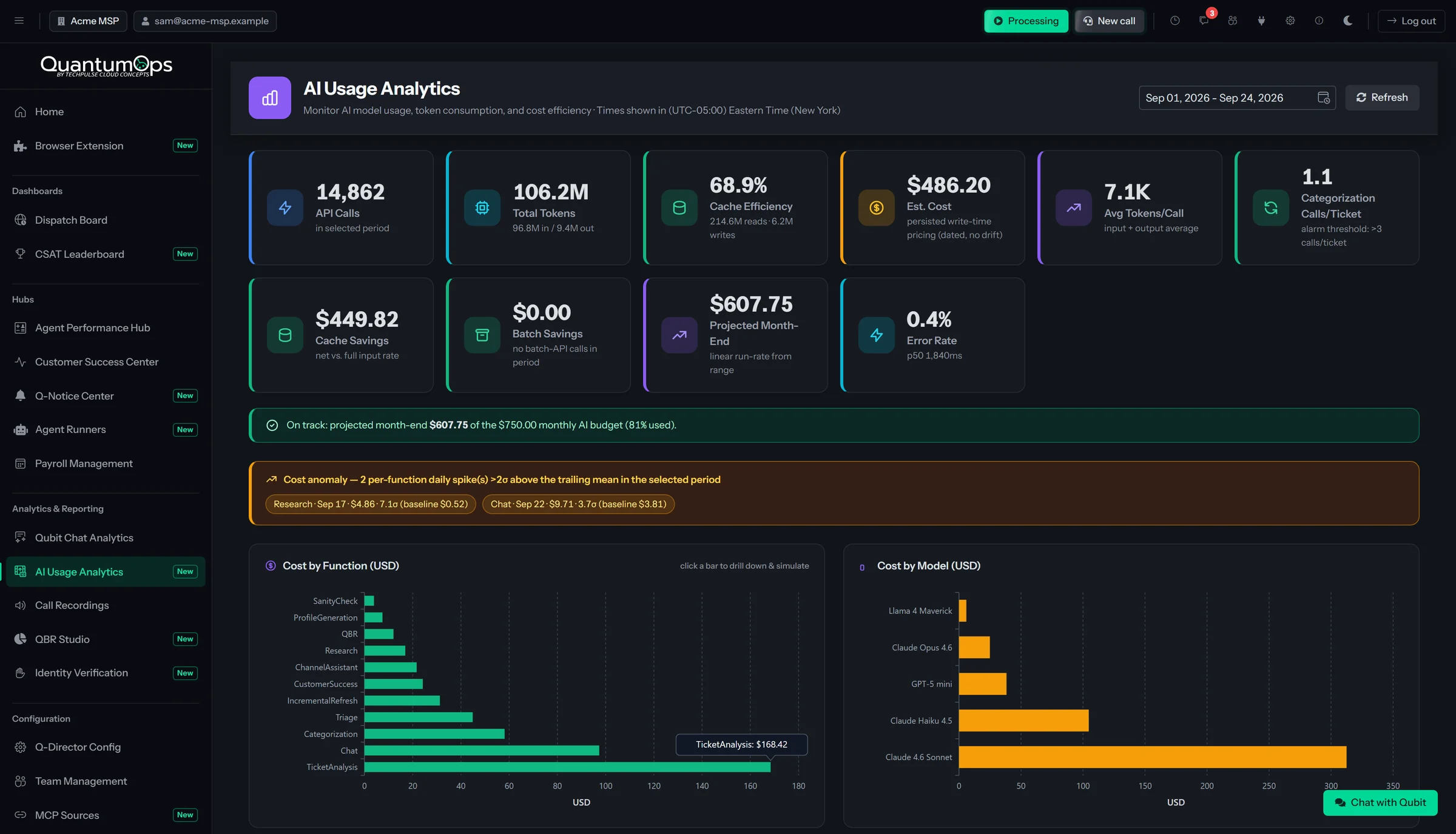 AI Usage Analytics: tiles for API calls, tokens, cache efficiency, estimated cost, cache savings and projected month-end, a budget banner, a cost-anomaly warning, and cost by function and by model.