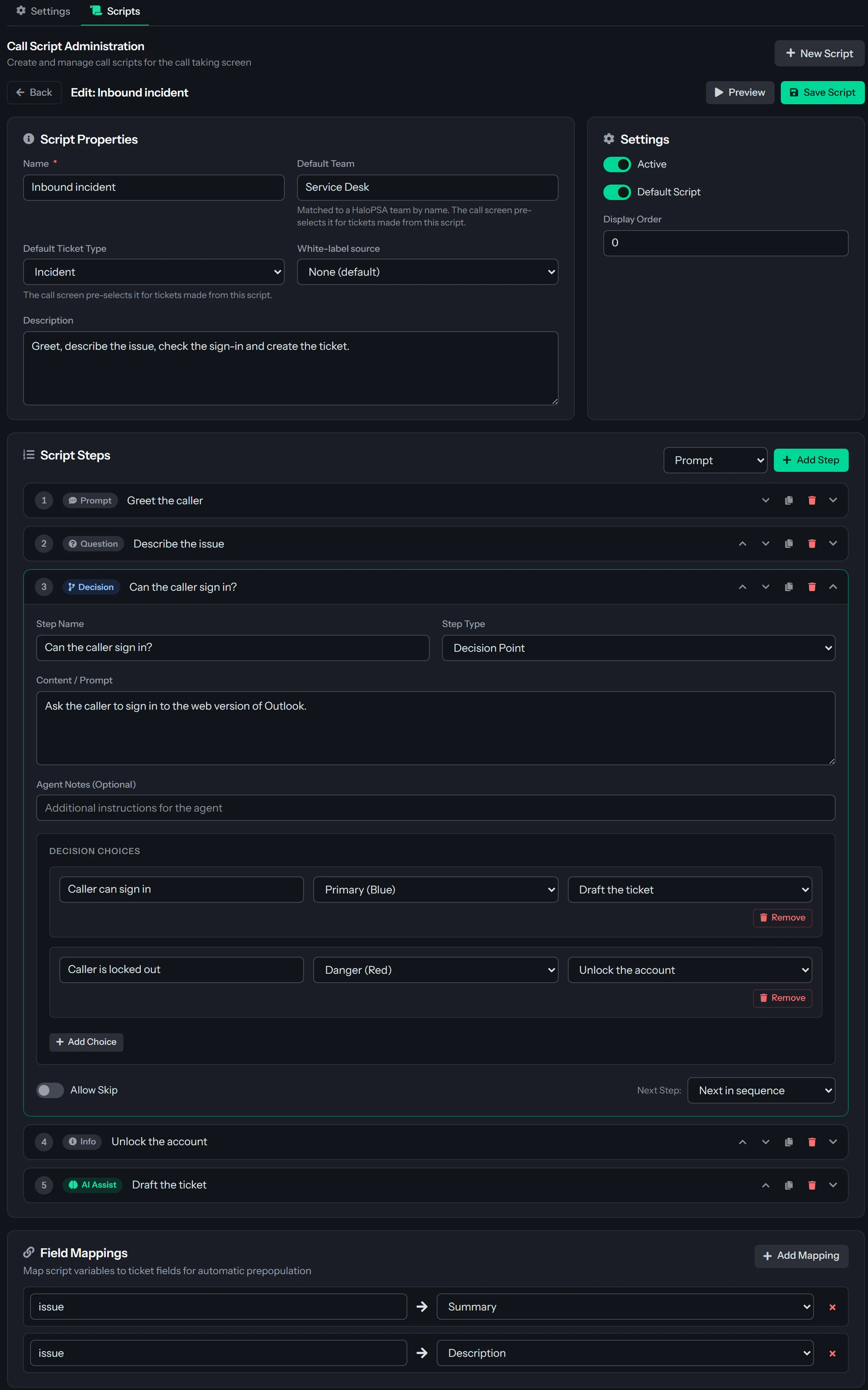 The call script builder editing the script Inbound incident. Script Properties show the name, a Default Team of Service Desk, a Default Ticket Type of Incident and the Active and Default Script switches. Under Script Steps, a Decision Point is open with two choices, Caller can sign in and Caller is locked out, each sending the agent to a different step, while the other steps are collapsed with their Move Up, Move Down, Duplicate and Delete buttons and an AI Assist step comes last. Field Mappings below the steps link variables to Summary and Description, and Preview and Save Script buttons sit at the top.