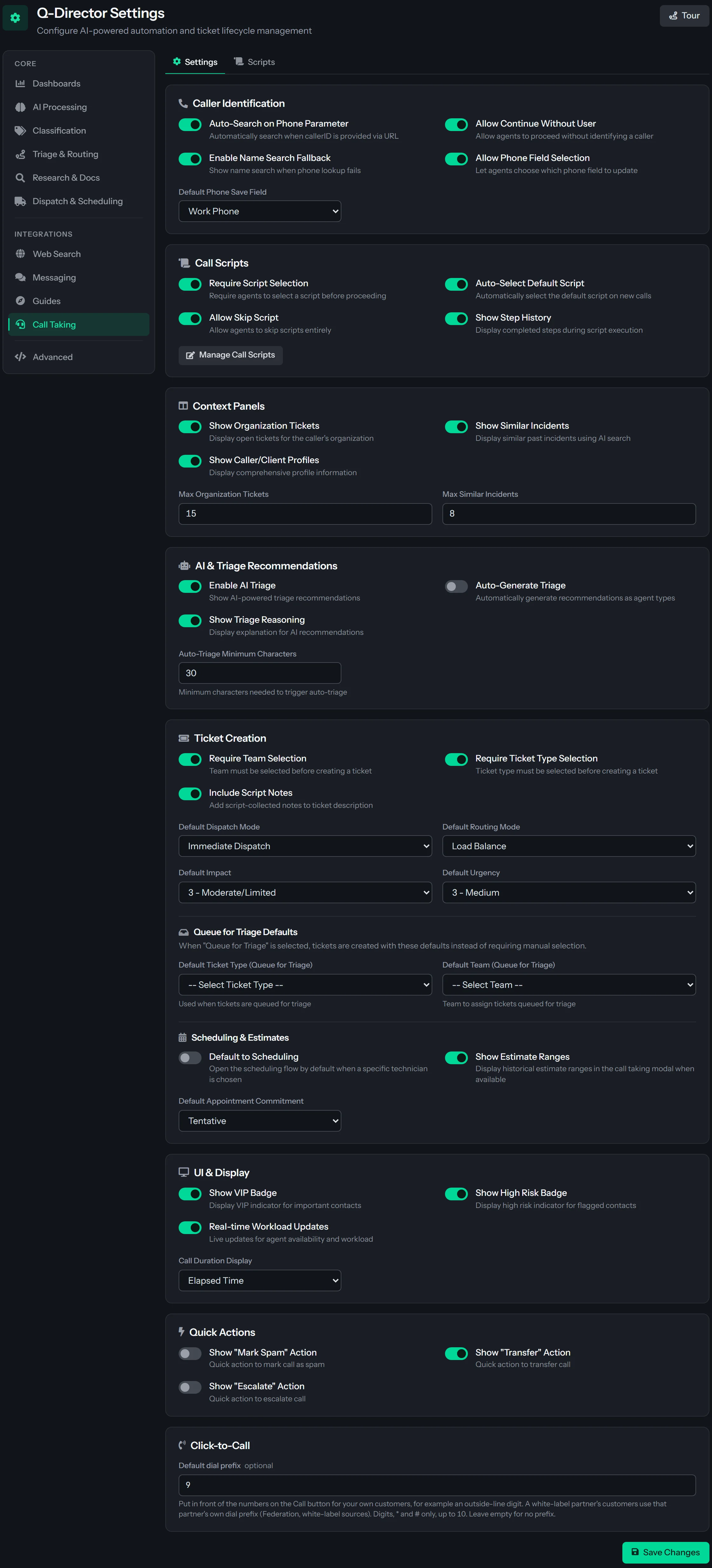 The Settings sub-tab of Call Taking in Q-Director Config. Groups of options run down the page, headed Caller Identification, Call Scripts, Context Panels, AI & Triage Recommendations, Ticket Creation, UI & Display, Quick Actions and Click-to-Call. Each option is a switch, a drop-down or a box, such as Enable AI Triage on, Auto-Generate Triage off, Max Organization Tickets 15 and Show Transfer Action on, with Mark Spam and Escalate off. A Save Changes button sits at the bottom.