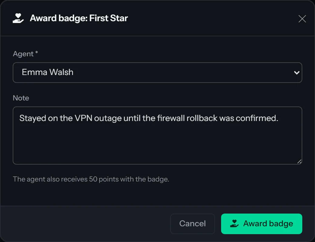 The Award badge dialog of CSAT Administration for the First Star badge: an agent picker set to Emma Walsh, a note, the line that the agent also receives 50 points with the badge, and Cancel and Award badge buttons.