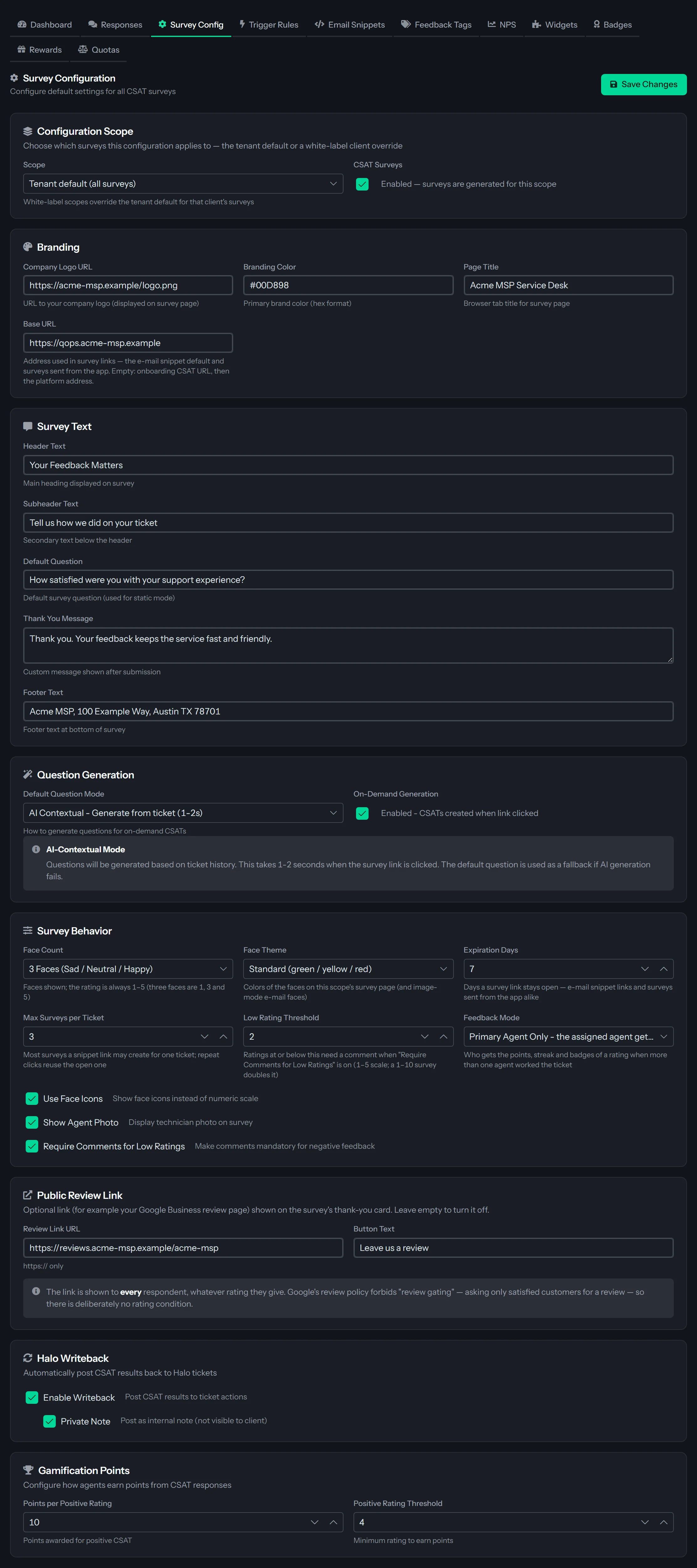 The Survey Config tab of CSAT Administration on the Tenant default scope: CSAT Surveys on; branding fields for the company logo URL, page title, base URL, header, subheader, default question and thank-you message; Question Generation with the AI Contextual mode and On-Demand Generation on; a Face Count select reading 3 Faces, the Standard face theme, a 7-day expiration, 3 surveys per ticket, a low rating threshold of 2 with comments required, Feedback Mode set to Primary Agent Only, face icons and agent photo; a public review link; Halo Writeback with a private note; and points per positive rating of 10 at a threshold of 4.
