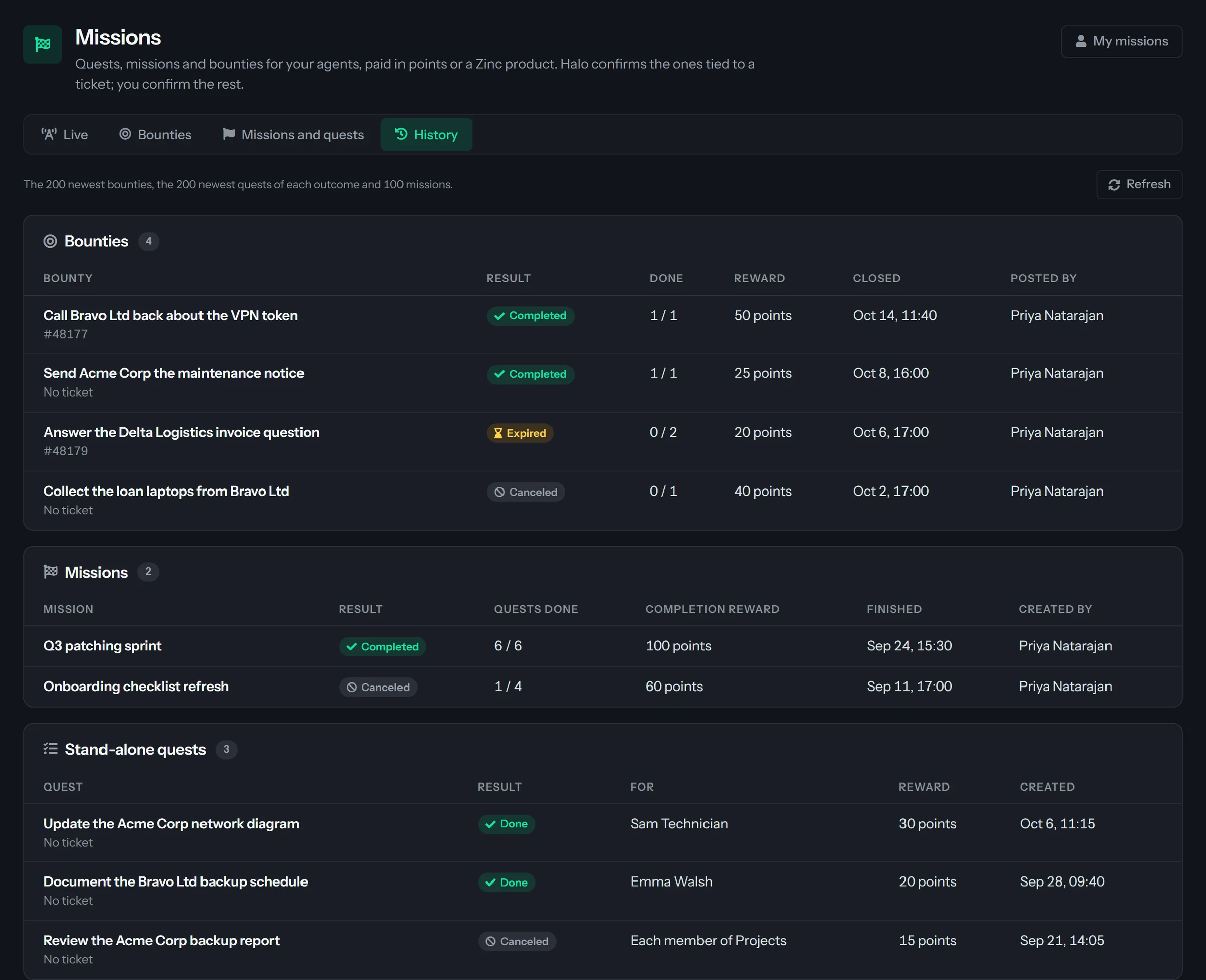 The History tab of the Missions hub: a list of finished bounties with a result of Completed, Expired or Canceled, how many slots were done, the reward and when each closed; completed and canceled missions with how many of their quests were done; and finished stand-alone quests, each with its result, who it was for, the reward and the date it was created.