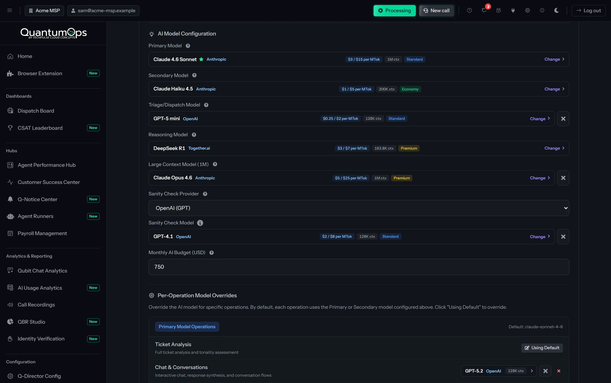 AI model configuration in QuantumOps: primary, secondary, triage, reasoning, large-context and sanity-check models from Anthropic, OpenAI and Together AI, each with its price per million tokens and context window, above per-operation model overrides.