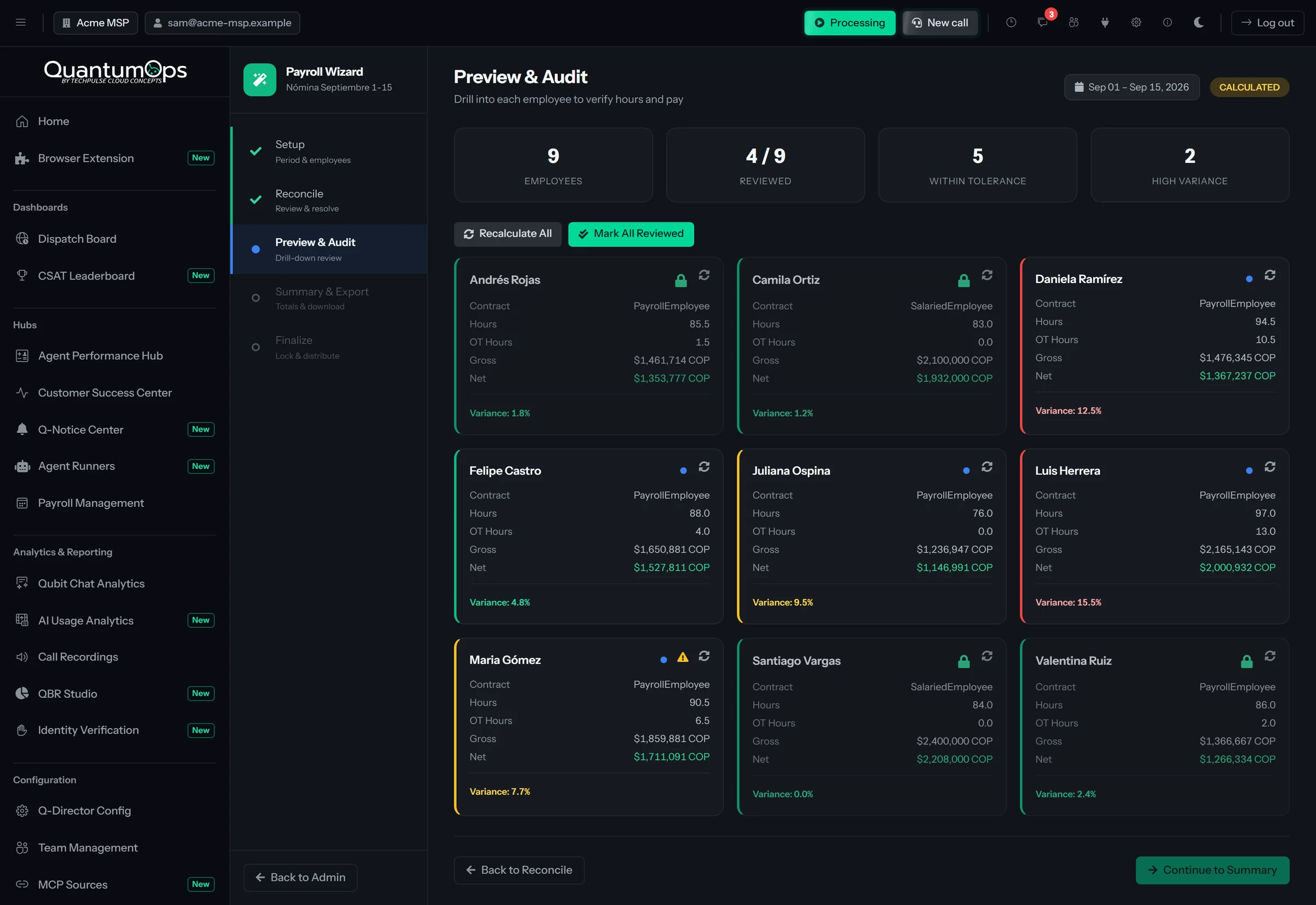 The QuantumOps Payroll Wizard on step 3, Preview & Audit, for a September 1 to 15 pay period: nine employee cards with hours, overtime hours, gross and net pay, each edged green, orange or red by its variance from expected hours.