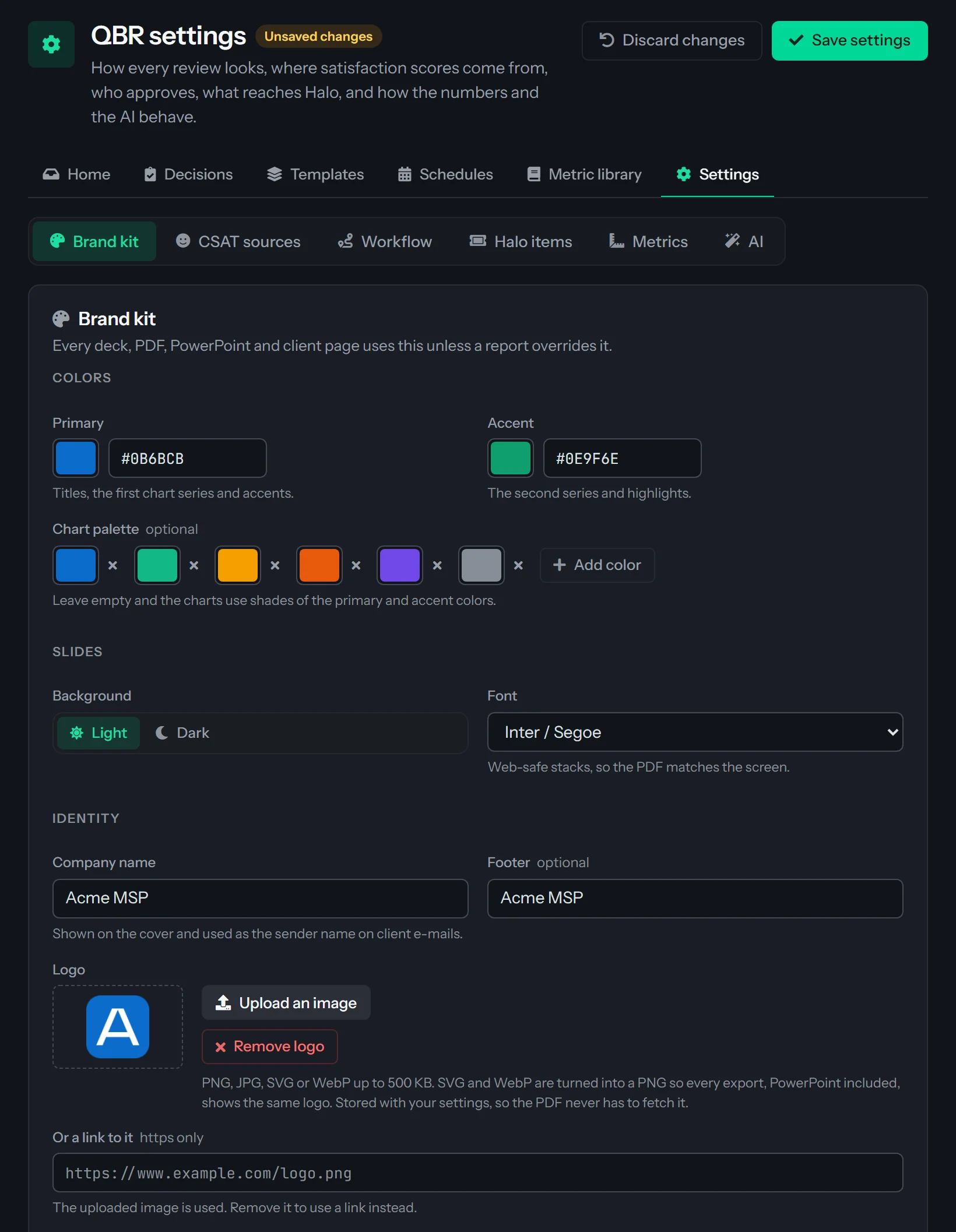 The Brand kit tab of QBR settings. The form sets Primary and Accent colors with pickers, a chart palette of six colors, the slide Background as Light, the Font, a company name, a footer and a logo upload. The Unsaved changes badge, Save settings and Discard changes sit at the top.