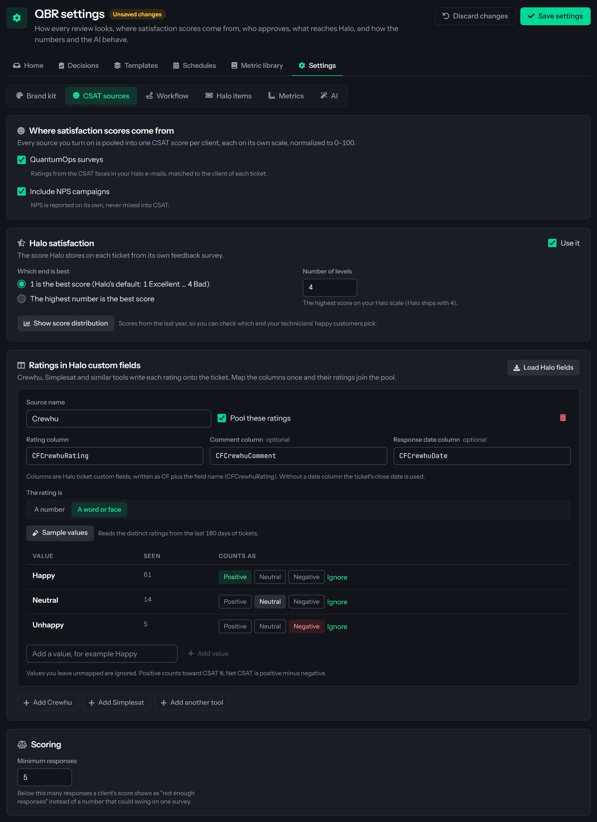 The CSAT sources tab of QBR settings. Where satisfaction scores come from has QuantumOps surveys checked and Halo satisfaction checked with the best end set to 1 and four levels. Under Ratings in Halo custom fields, a Crewhu source is mapped: its source name, the rating column, comment column and response date column, The rating is set to a word or face with the Sample values Happy, Neutral and Unhappy each marked positive, neutral or negative, and Pool these ratings checked. Below, Minimum responses reads 5.