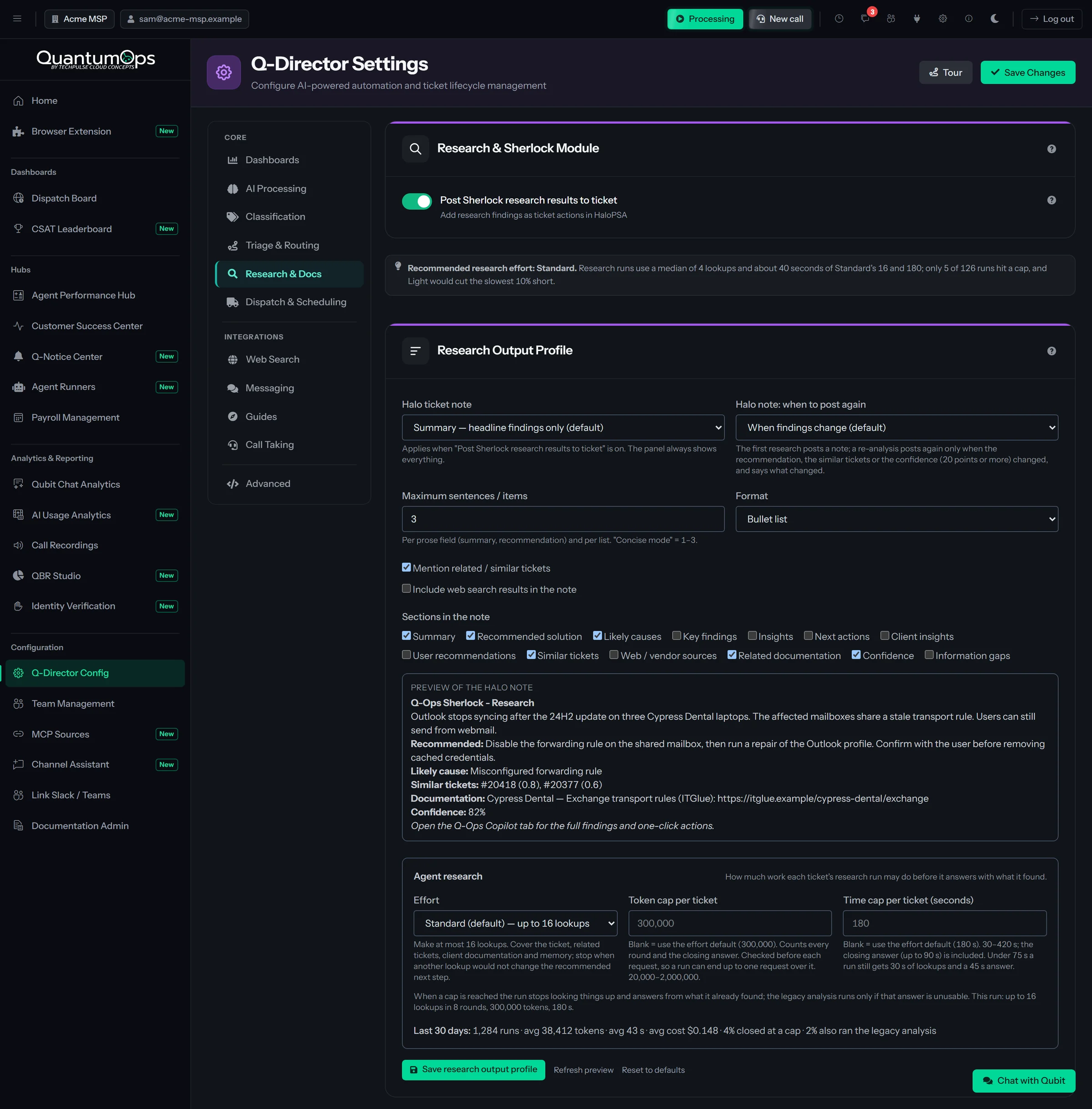 Q-Director Config in the QuantumOps web app on the Research & Docs tab: the switch that posts Sherlock results to the ticket, a recommended research effort worked out from recent runs, and the Research Output Profile set to a three-item bullet summary that posts again when the findings change, with checkboxes for the sections to include, a live preview of the note Halo will get, and the research budget below it: an effort level, token and time caps per ticket, and the last 30 days of runs.