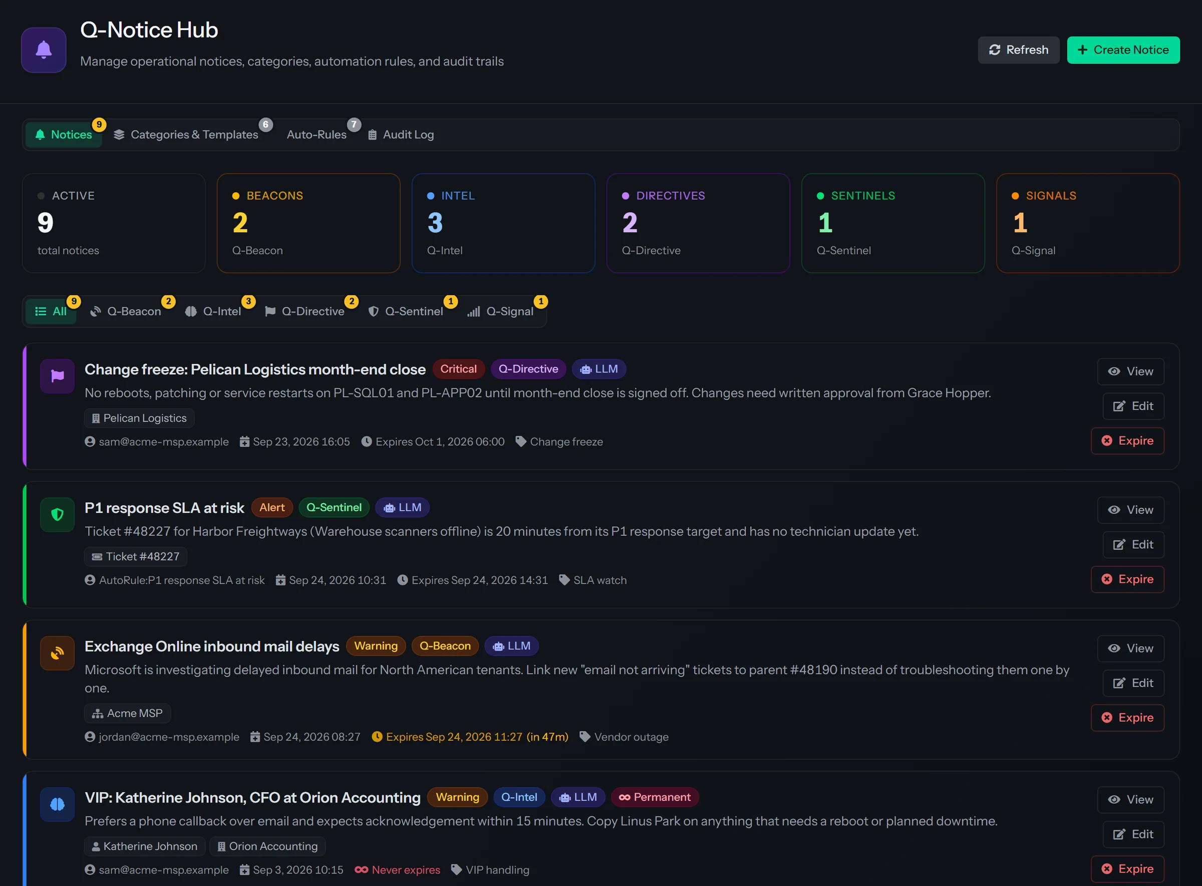 The Q-Notice Center in the QuantumOps web app: counters for each notice kind and a list of active notices, including a change freeze directive, an SLA-at-risk sentinel raised by an auto-rule and a vendor outage beacon, each marked for AI processing and showing its expiry.