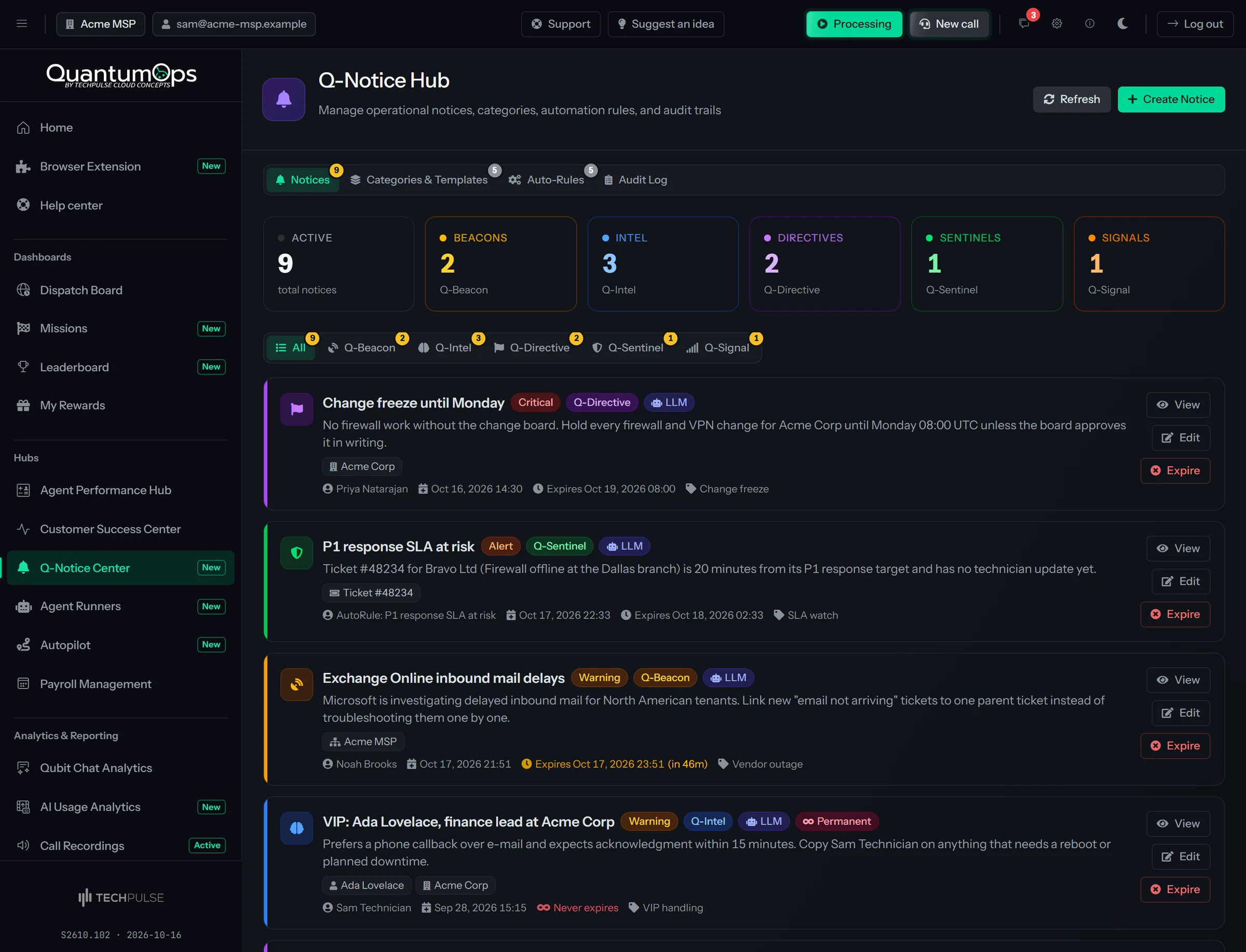 The Q-Notice Hub in the QuantumOps web app on its Notices tab: counters for active notices and for each kind (Beacons, Intel, Directives, Sentinels and Signals), kind filters, and a list of notices with a critical change-freeze directive, a P1 response SLA at risk sentinel, an Exchange Online mail delays beacon and a permanent VIP intel notice, each marked for AI processing and showing its scope, who made it, its expiry and View, Edit and Expire buttons.