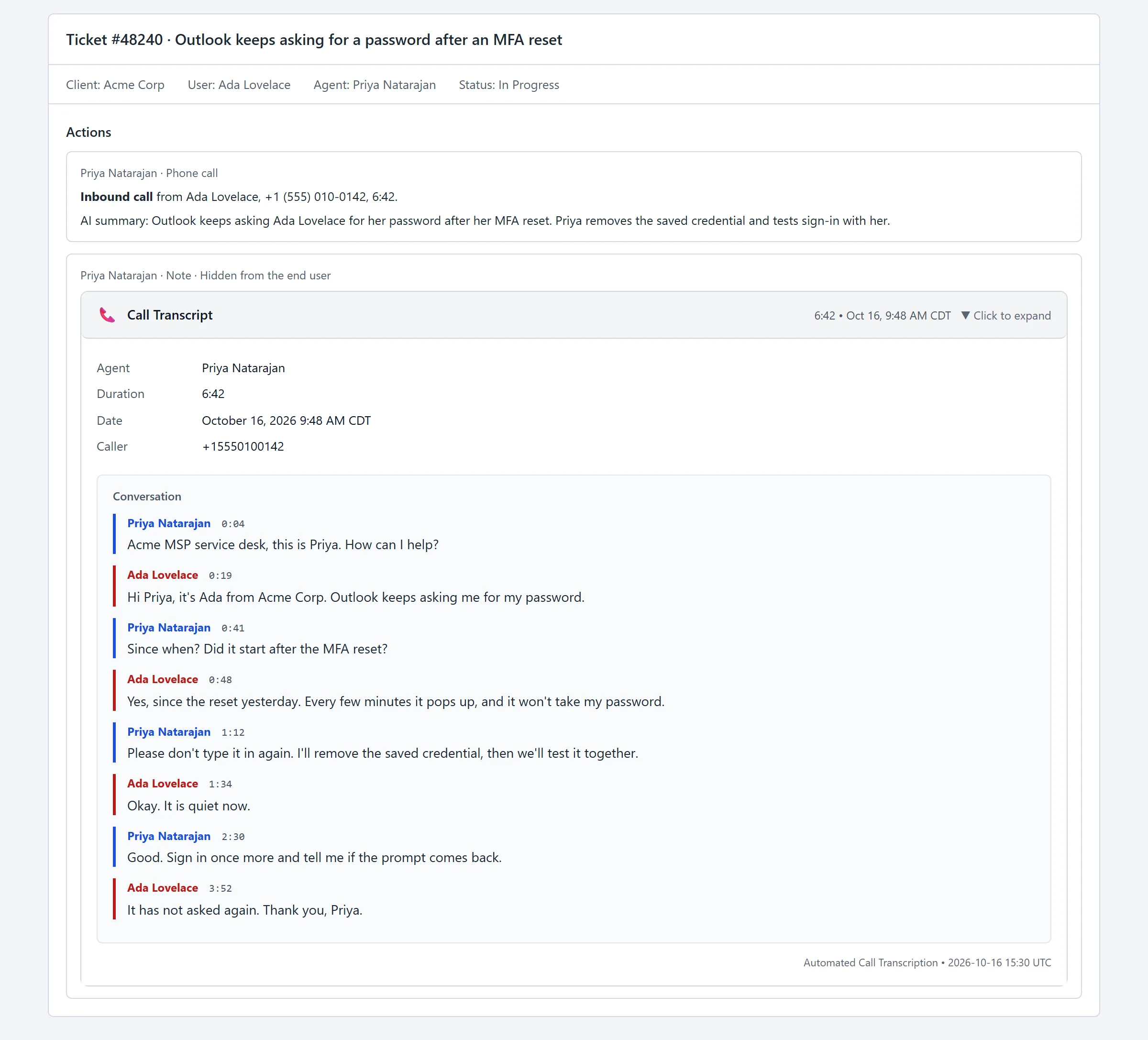 Simulated HaloPSA ticket page with fictional data: ticket #48240's actions list with two entries from one call. The first is the call log: caller number, caller name, the agent, direction, length and the AI summary of the Outlook call. The second is a note with the outcome Call Transcript, marked as hidden from the end user and expanded: a header with the call length and date, a small table with Agent, Duration, Date and Caller, then the conversation line by line with each speaker's name and a time, and a footer line reading Automated Call Transcription followed by a UTC time. The Click to expand label in the note header is static text in the note HTML and still shows although the body is open.