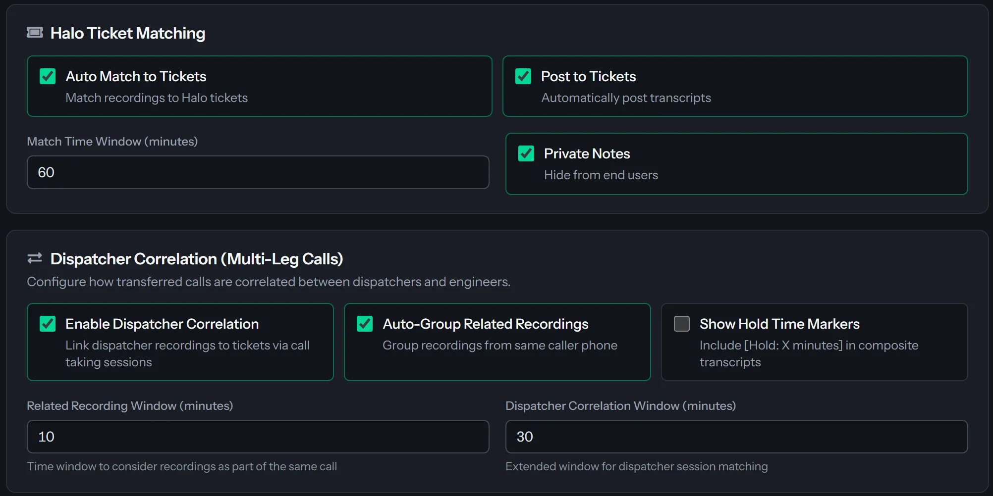 The Halo Ticket Matching and Dispatcher Correlation groups of the Call Recordings Settings tab. Auto Match to Tickets, Post to Tickets and Private Notes are checked, with Match Time Window at 60 minutes. Under Dispatcher Correlation, Enable Dispatcher Correlation and Auto-Group Related Recordings are checked, with a correlation window of 30 minutes and a related-recording window of 10 minutes.