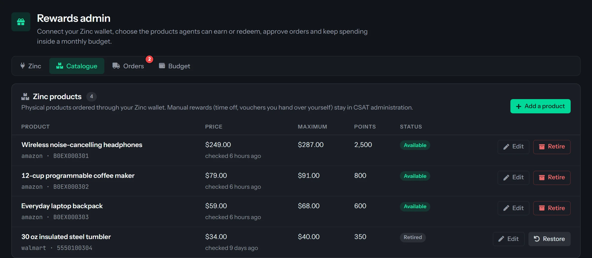 The Catalog tab of Rewards admin listing four Zinc products, headphones, a coffee maker, a backpack and a retired tumbler, each with its retailer and product id, price, maximum price, points cost and status, with Edit and Retire or Restore buttons and an Add a product button.
