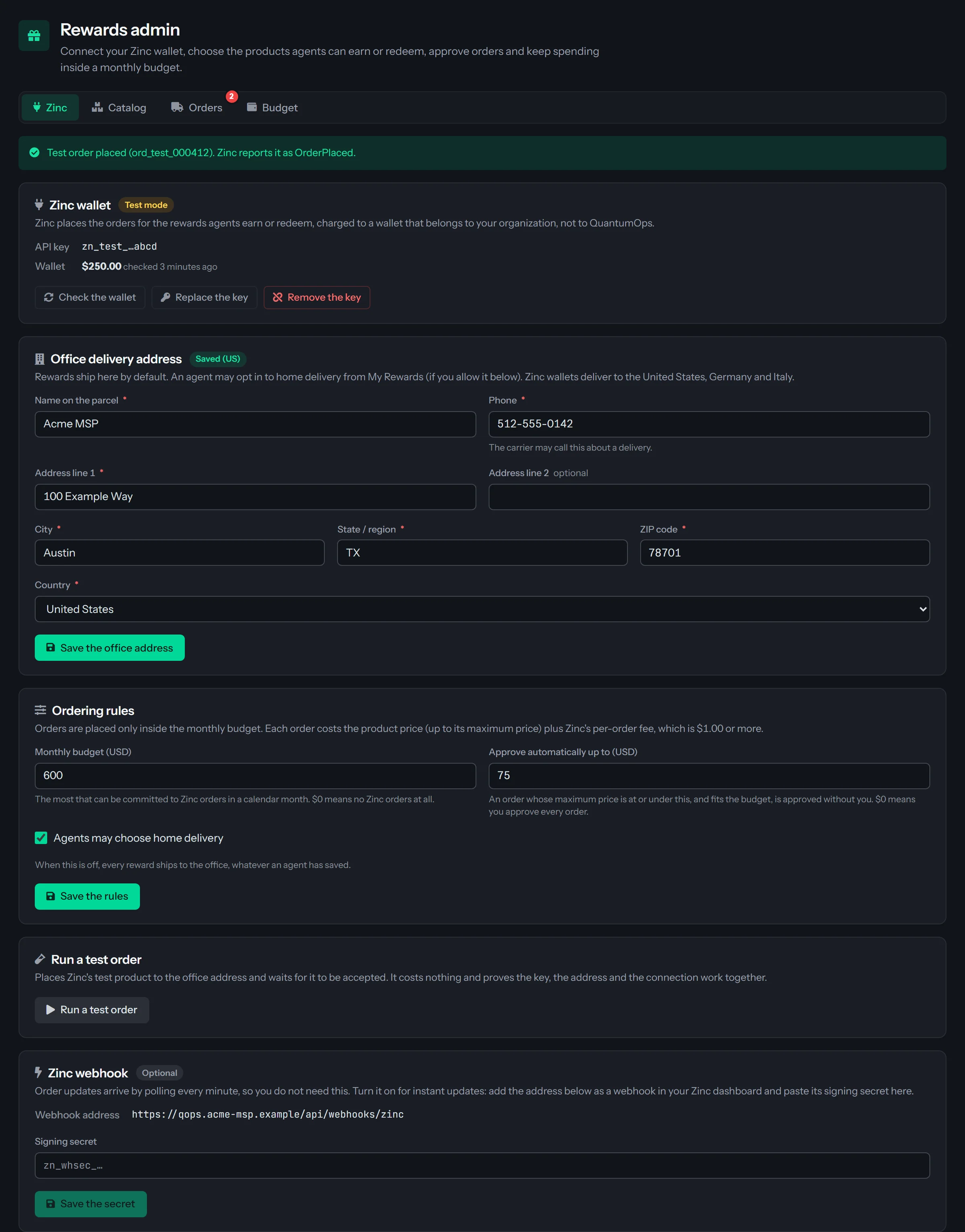 The Zinc tab of Rewards admin: a banner saying a test order was placed, the Zinc wallet in Test mode with the masked key zn_test_ ending abcd and a balance of $250.00, the office delivery address form, the ordering rules with a $600 monthly budget, an approve-automatically limit of $75 and Agents may choose home delivery checked, a Run a test order button and the optional Zinc webhook. A red 2 on the Orders tab counts the orders waiting.