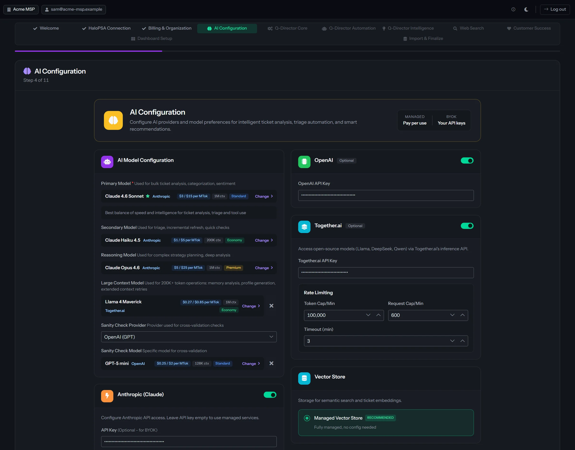 The AI Configuration step of the QuantumOps setup wizard: a choice between Managed pay per use and your own API keys, masked key fields for Anthropic, OpenAI and Together.ai, a model for each role, rate limits and the managed vector store.