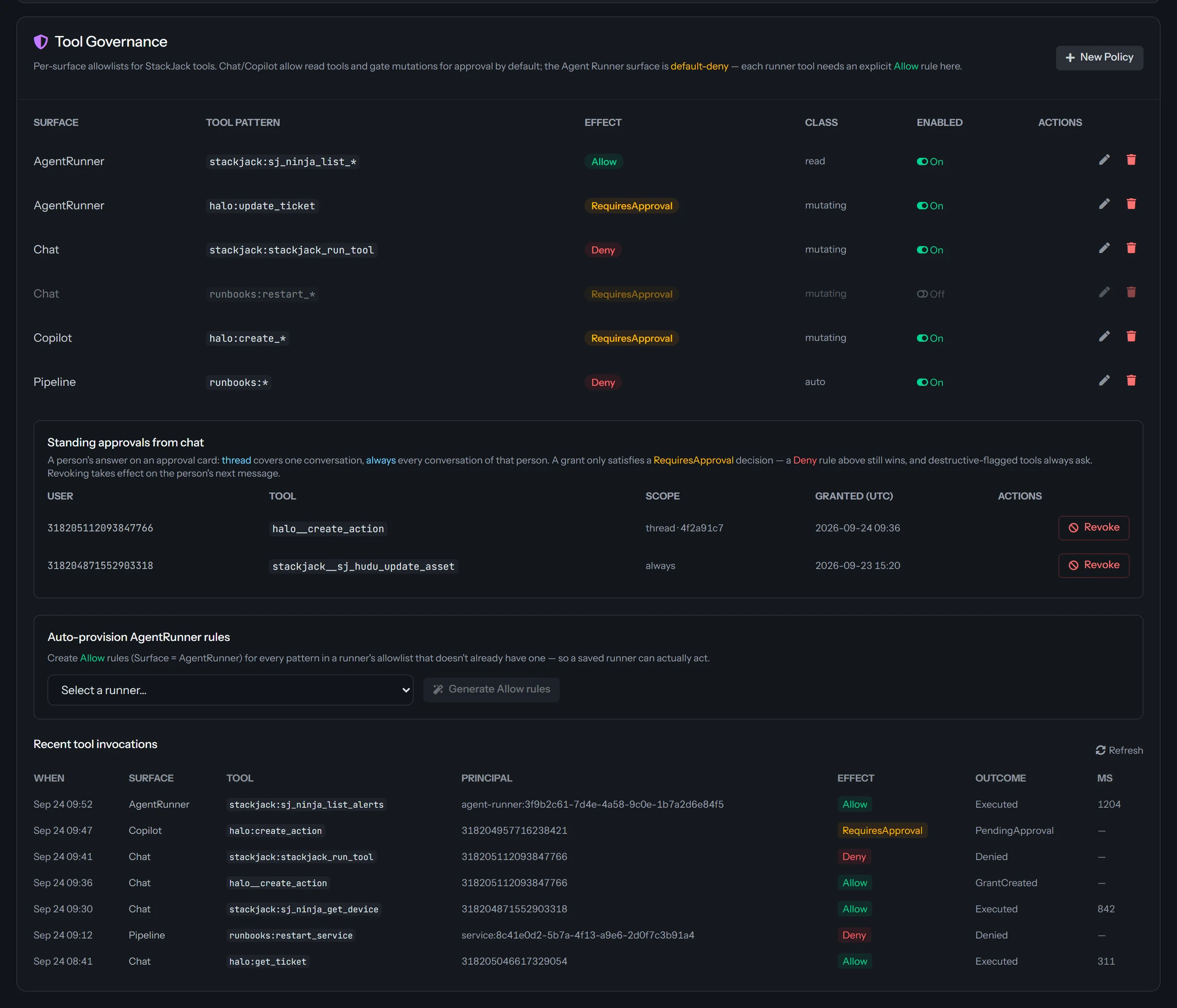 The QuantumOps Tool Governance screen: policies that allow, deny or require approval per surface and tool pattern, the standing approvals people granted from chat, each with a Revoke button, and a log of recent tool calls with the caller, the effect and the outcome of each.