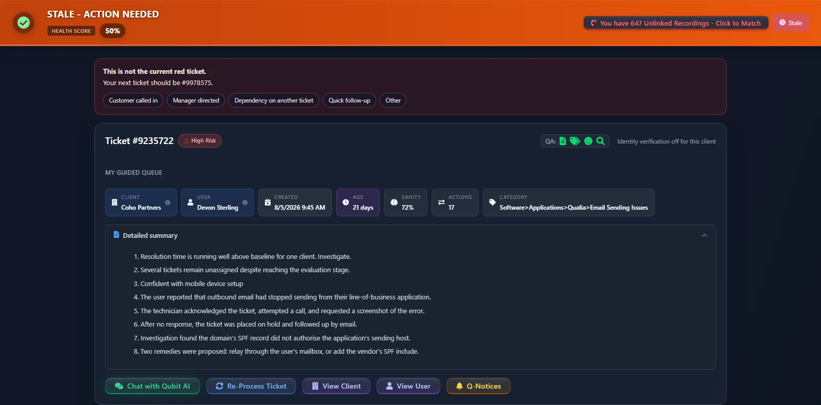 The QuantumOps ticket tab inside HaloPSA: the ticket's client, user, age and category, a numbered AI summary, and a row of actions that starts with Chat with Qubit AI.
