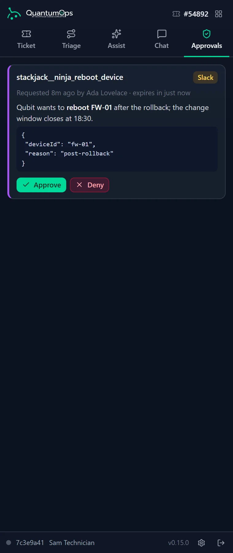 The Approvals tab for administrators: a pending tool request from Slack to reboot a firewall, with who asked, when it expires, the reason, the exact arguments, and Approve or Deny.