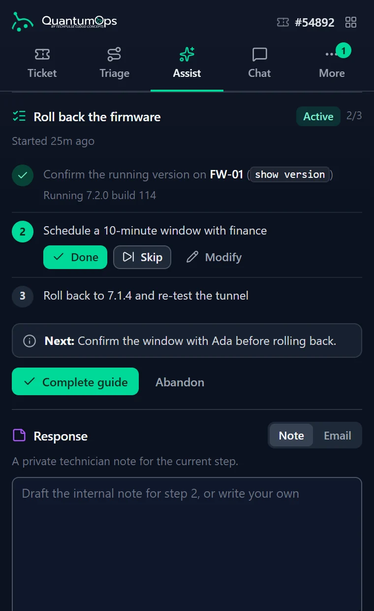 The Assist tab: a guided resolution with the current step, the next step and an AI-drafted note.