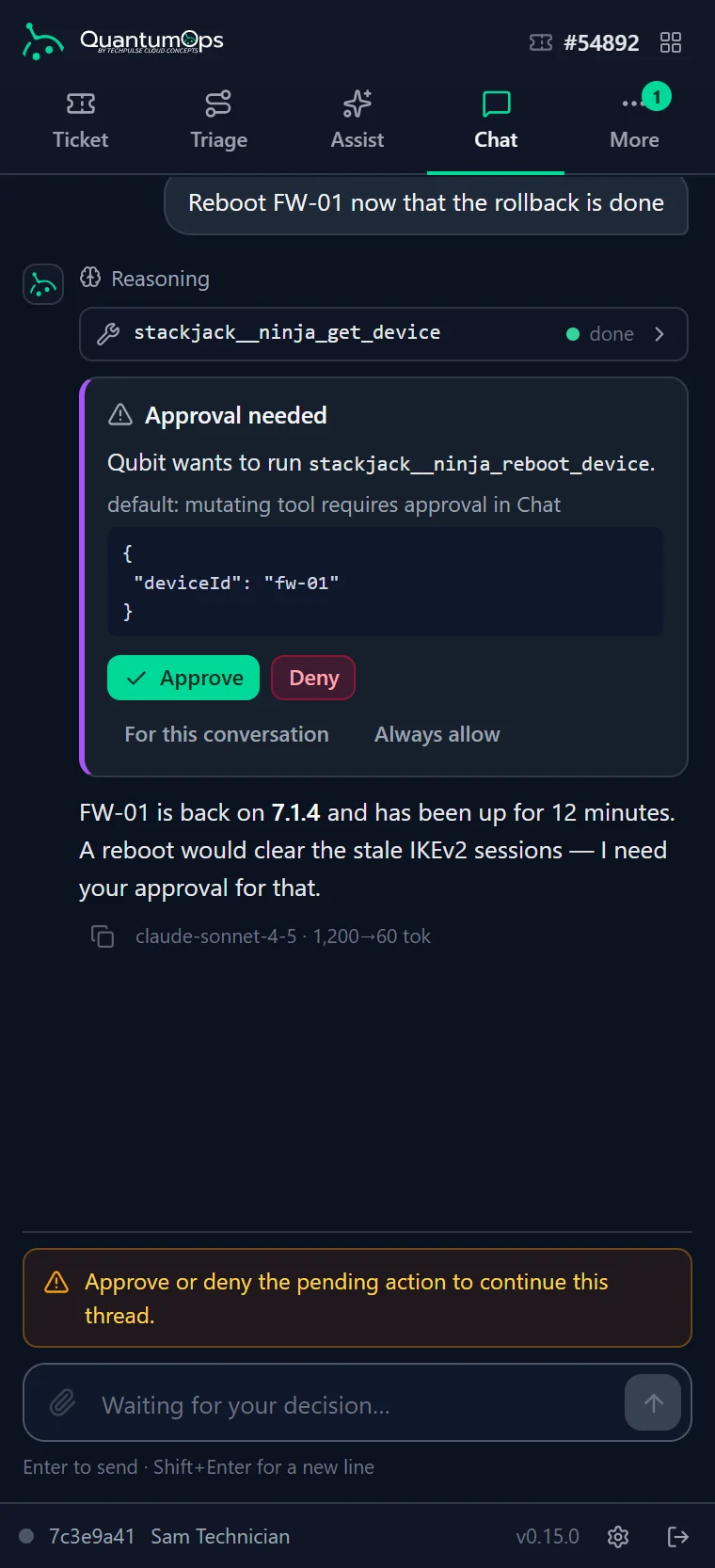 The Chat tab of the QuantumOps for Halo side panel: Qubit has looked up a device through StackJack and now asks for approval to run a reboot tool, showing the tool name, the policy that requires approval and its arguments, with Approve, Deny, For this conversation and Always allow.
