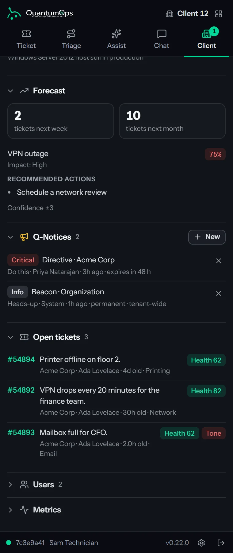 The Client tab of the QuantumOps side panel for Acme Corp, from the Q-Notices section down. A Q-Notices section with a count of 2 and a New button lists a Critical Directive for Acme Corp marked Do this, posted by Priya Natarajan 3 days ago and expiring in 7 days, and an Info-severity organization-wide Beacon marked Heads-up that is permanent. Below are the client's nine open tickets with their health scores and flags.