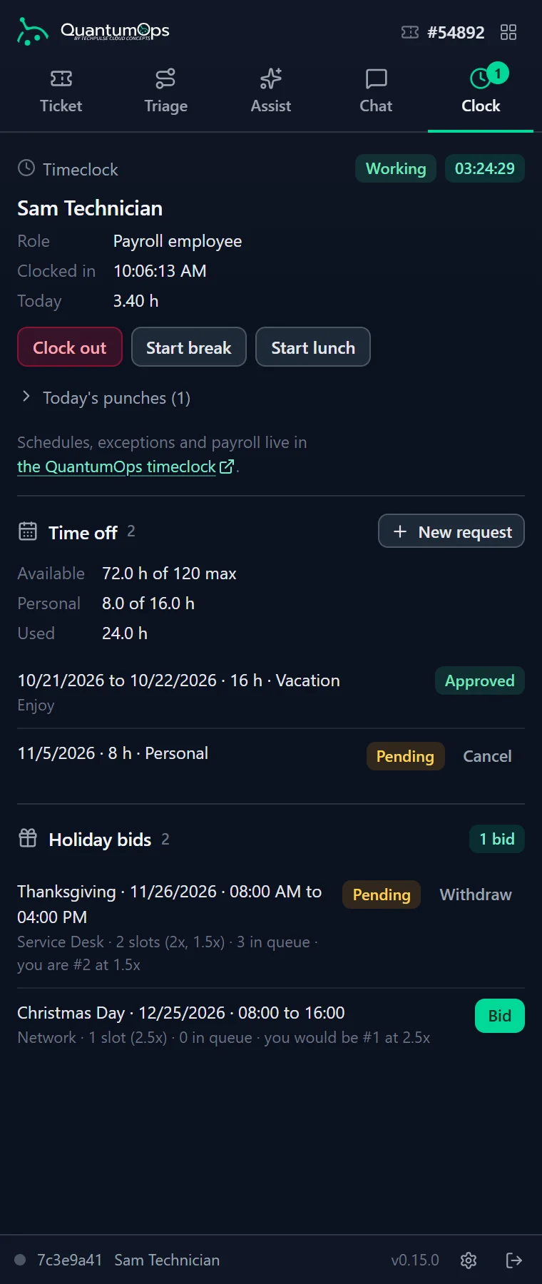 The Clock tab: Sam Technician working, with the shift timer, clock-in time and today's hours, Clock out, Start break and Start lunch buttons, time-off balances and requests, and holiday shift bids with pay multipliers.