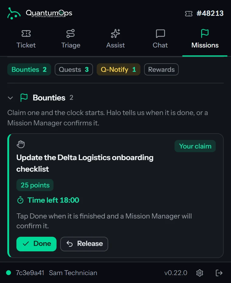 The Missions tab with an active claim: Update the Delta Logistics onboarding checklist, worth 25 points and marked Your claim, with a live Time left of 18:00, a line saying to tap Done and a Mission Manager will confirm it, and Done and Release buttons.