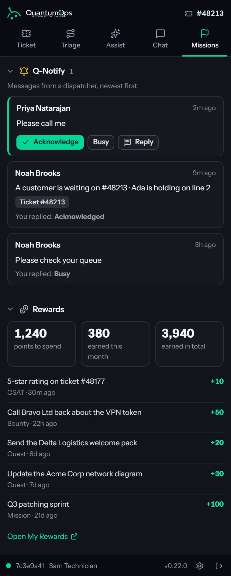 The Missions tab's Q-Notify inbox and Rewards section. Priya Natarajan's Please call me has Acknowledge, Busy and Reply buttons, and two older messages show the agent's replies, Acknowledged and Busy. Rewards shows 1,240 points to spend, 380 earned this month and 3,940 in total, with recent earnings from a CSAT rating, a bounty, two quests and a mission, and an Open My Rewards link.