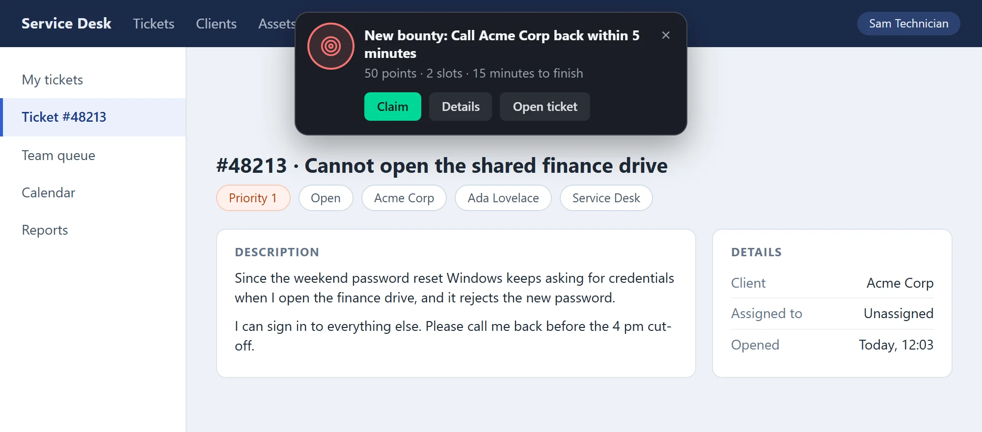 A Moments card at the top of a service desk ticket page that stands in for a PSA ticket page (HaloPSA, for instance): a bounty reading New bounty: Call Acme Corp back within 5 minutes, with 50 points, 2 slots and 15 minutes to finish, and Claim, Details and Open ticket buttons.