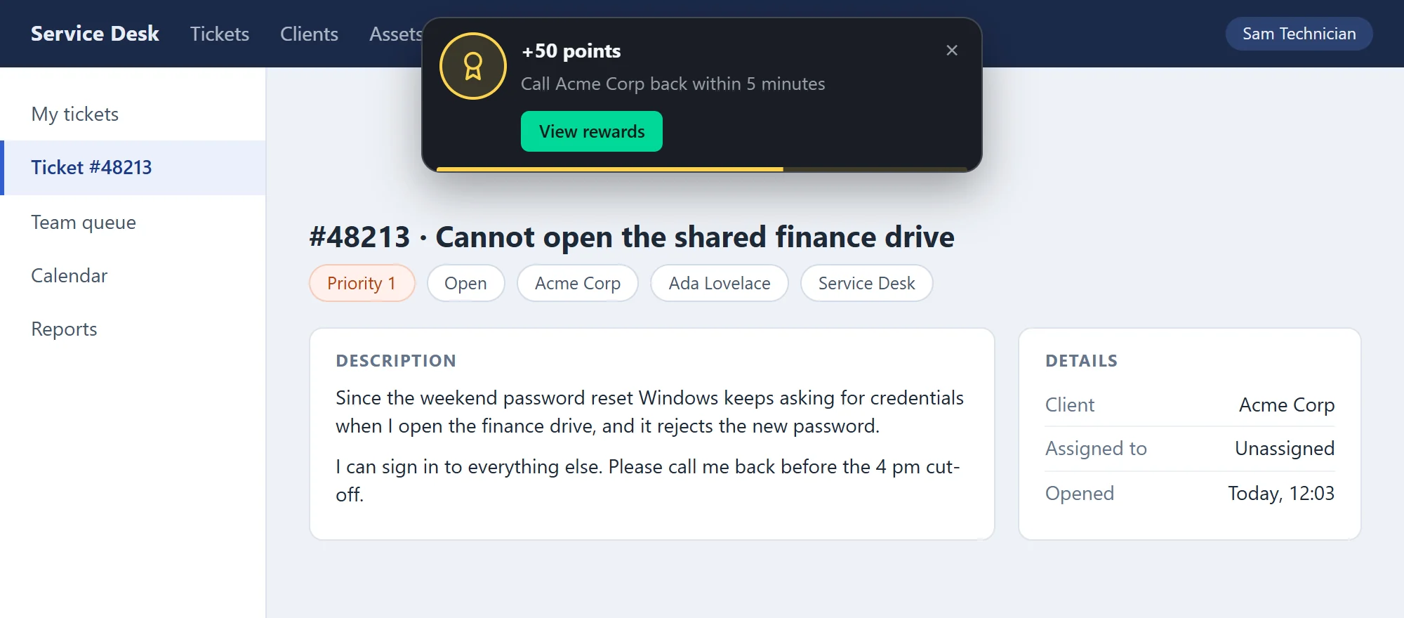 A Moments card in the gold tone at the top of the same stand-in ticket page: +50 points, with the bounty's title as its body, and a View rewards button.