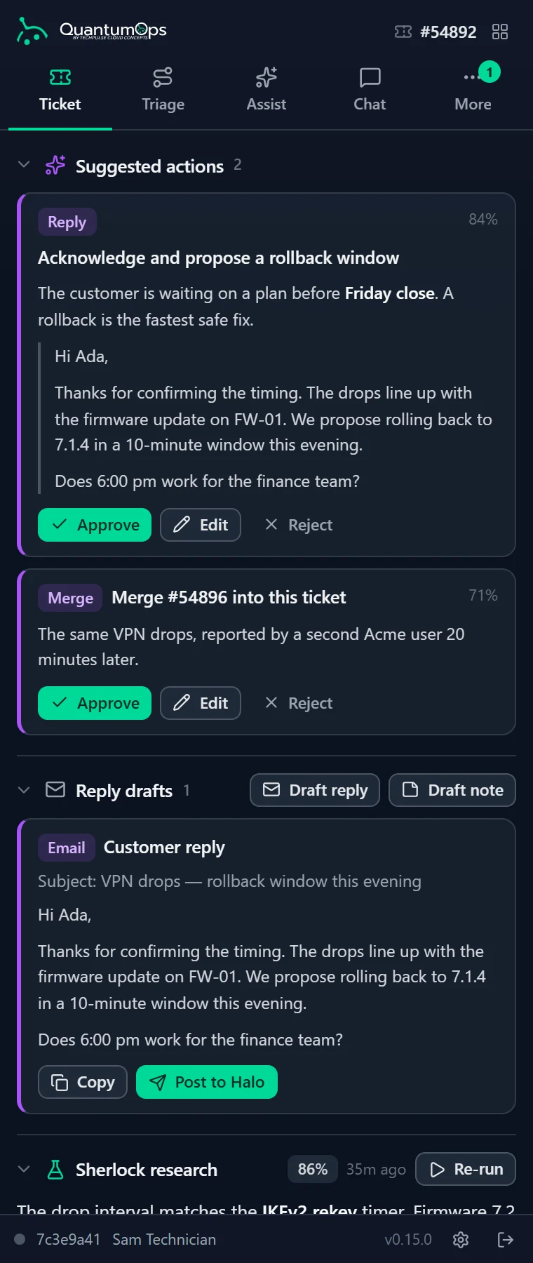 The Ticket tab's suggested actions: a drafted customer reply proposing a rollback window, with Approve, Edit and Reject, a priority suggestion, and a staged email reply with Copy and Post to Halo.