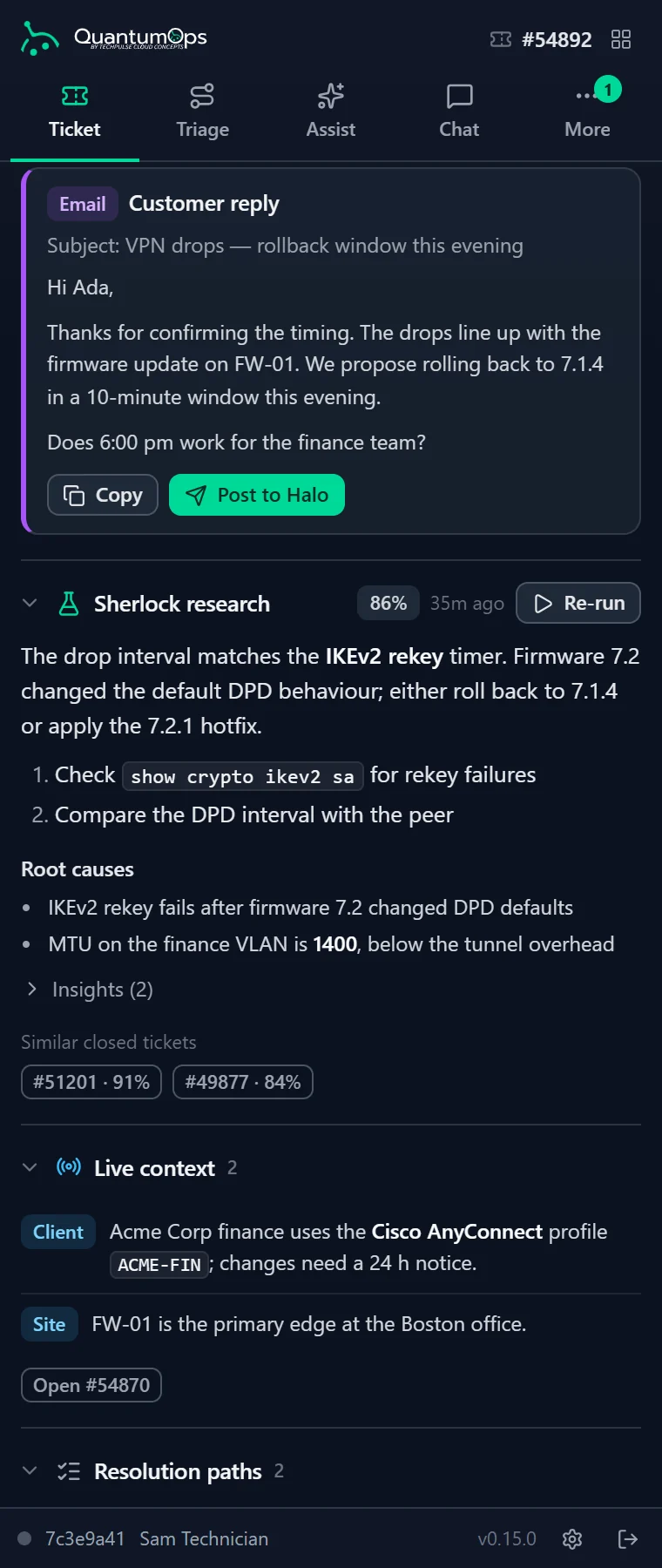 Sherlock research on the ticket: the likely cause and fix, commands to check, root causes, two similar closed tickets, ranked, and live context about the client and site.