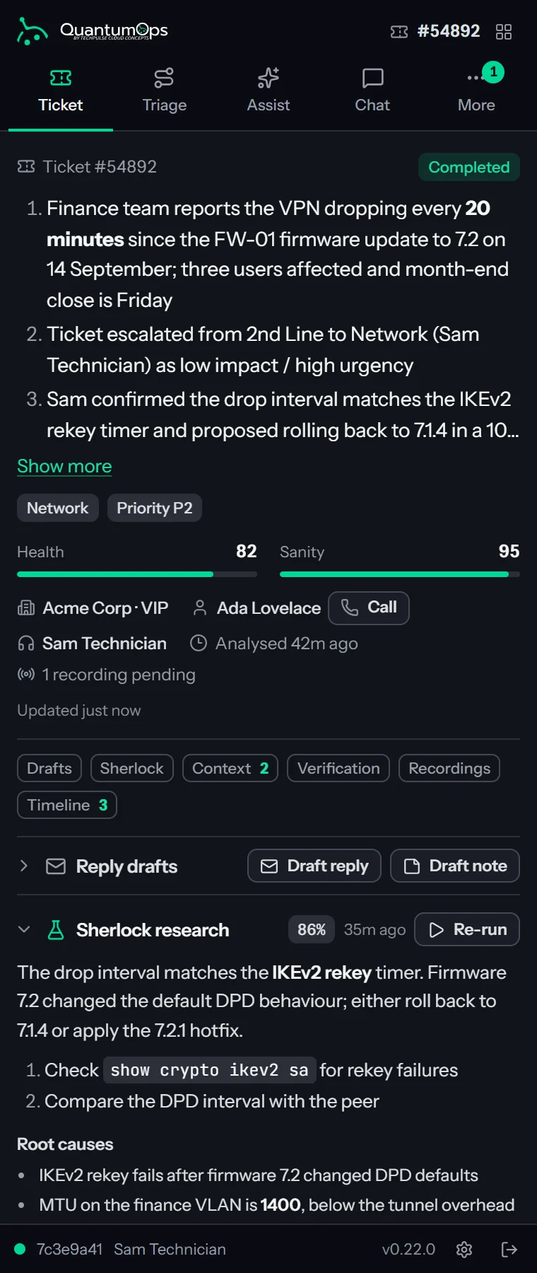 The QuantumOps for Halo side panel on a ticket: an AI summary of the ticket history, network and priority tags, health and sanity scores, the client, contact and technician.