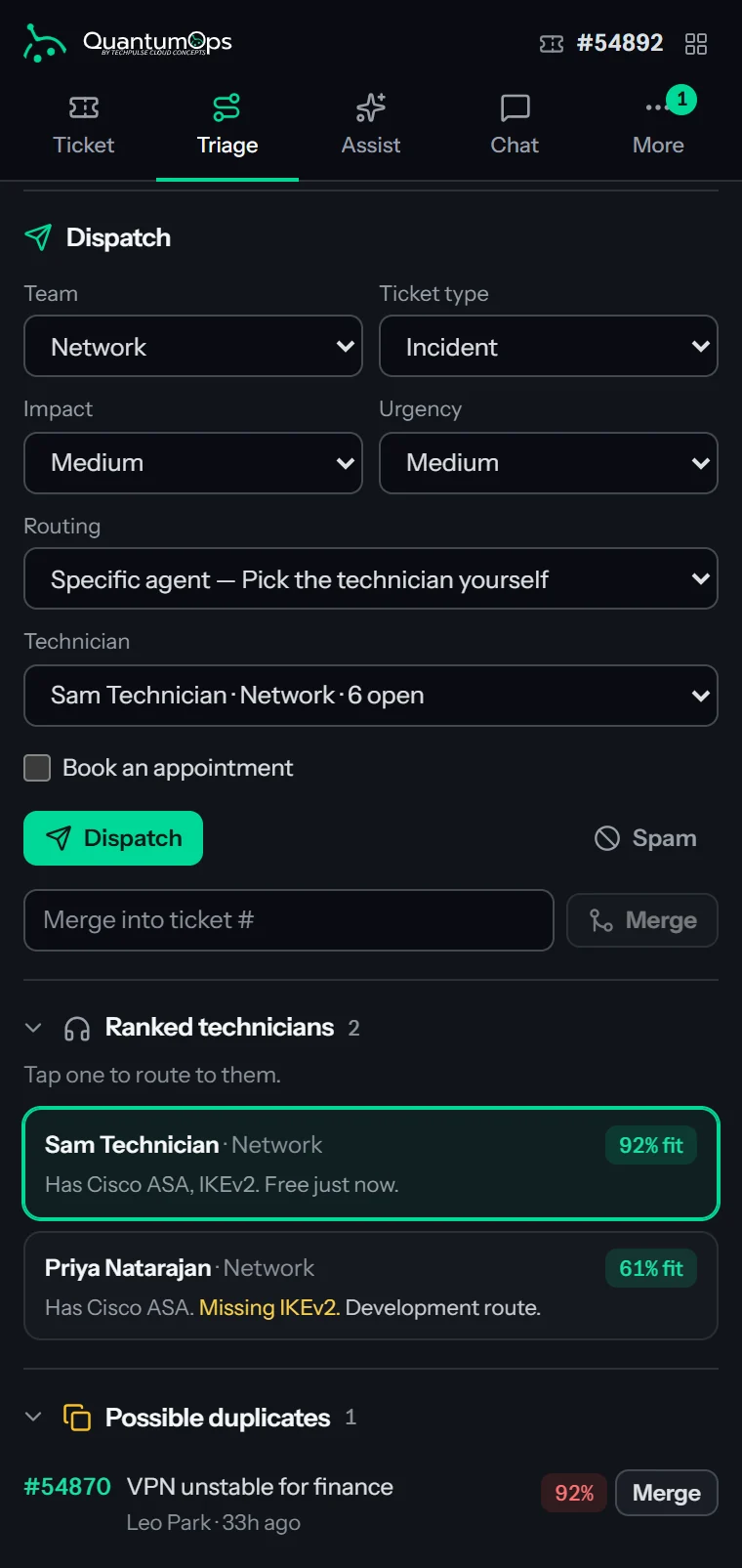 The Triage tab: a pre-filled dispatch form and the ranked technicians, each with a fit score, plus possible duplicates.
