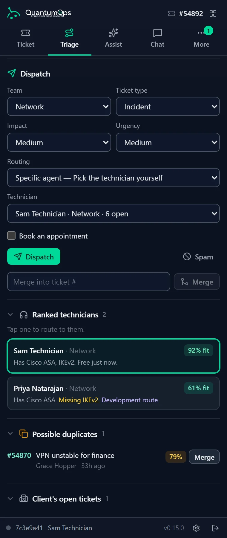 The Triage tab: a pre-filled dispatch form with team, ticket type, impact, urgency, routing and technician, ranked technicians at 92% and 61% fit with matched and missing skills, and a possible duplicate with a Merge button.